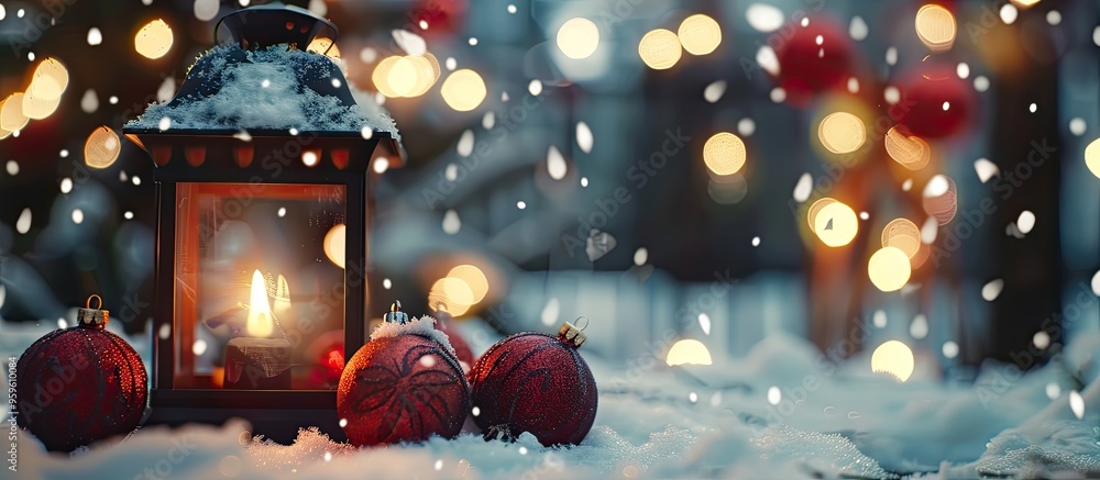 Aufkleber christmas lantern on the snow beside red textured balls with a backdrop of lights in close up. copy 