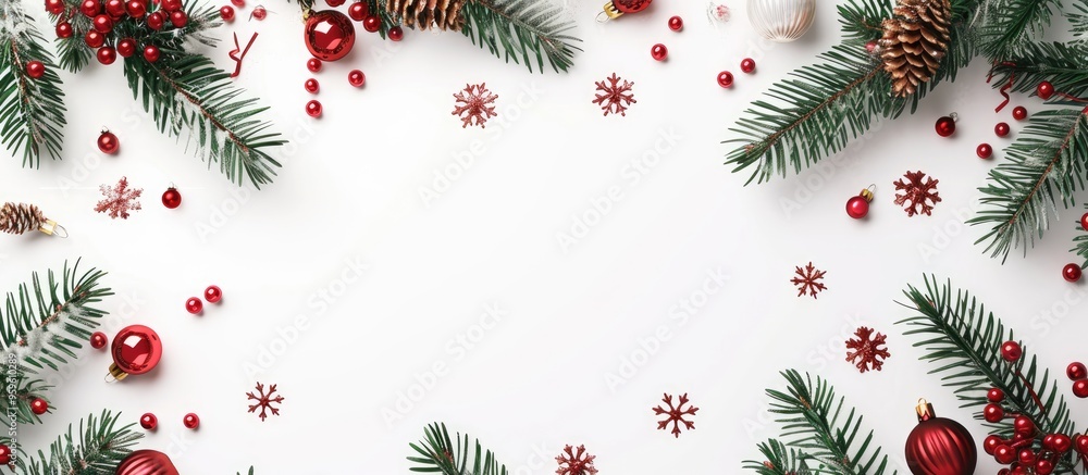 Poster christmas greeting card with text space top view arrangement of fir tree branches and festive decora