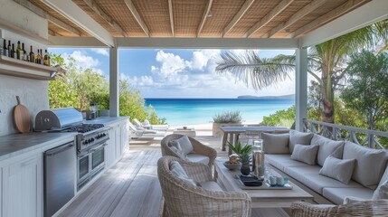 Obraz premium A beach house with a large patio area with a grill, chairs, and a table