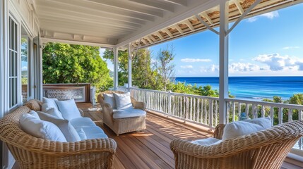 Fototapeta premium A beach house with a large patio area with a grill, chairs, and a table