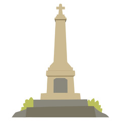 Illustration of a simple stone monument with a cross on top and bushes at the base