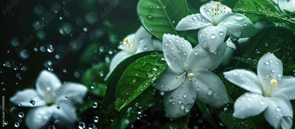 Poster closeup of blooming jasmine flowers on a summer day following rainfall. copy space image. place for 