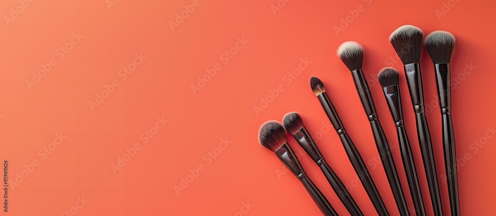 Aufkleber a collection of professional makeup and face correction brushes is arranged on a colored background 