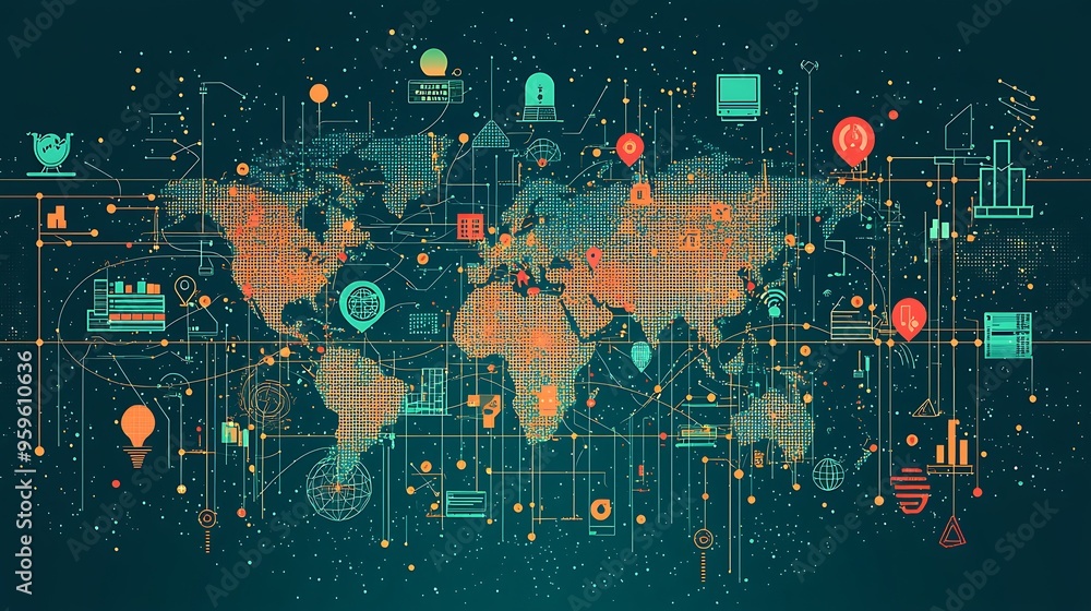 Poster a global network connection concept with abstract icons and data visualization, symbolizing intercon