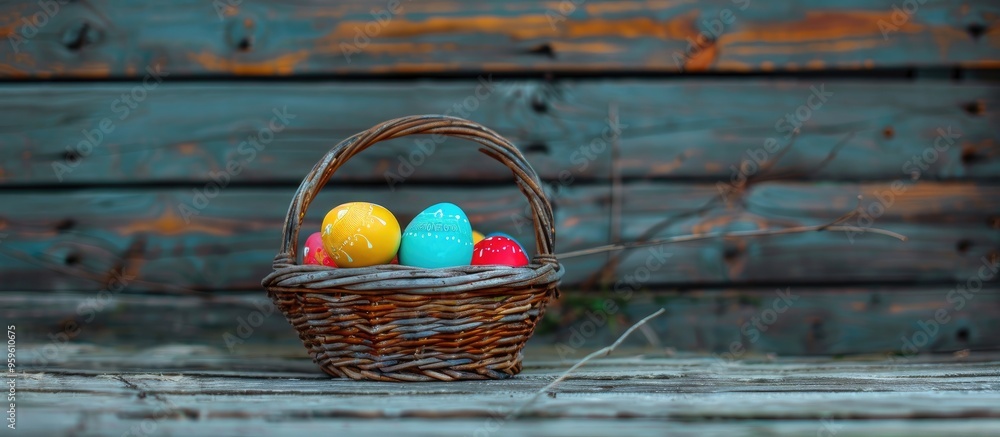 Poster easter holidays traditions and object concept a close up of colored eggs in a wicker basket set agai
