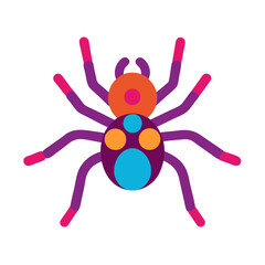 a colorful, stylized illustration of a spider. The spider's body consists of two main parts: the head is orange with two small purple antennae