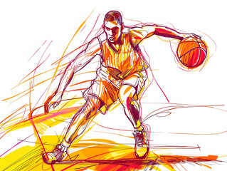Playing basketball on basketball court line drawing illustration