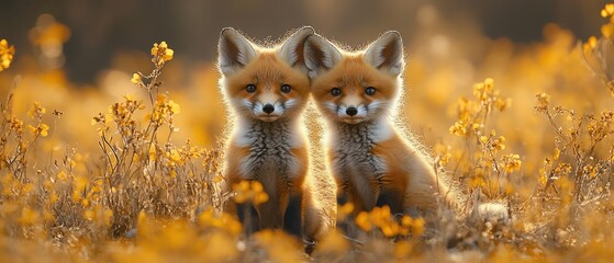 Obraz premium Two baby foxes in a field of yellow flowers, warm sunlight, peaceful and cute