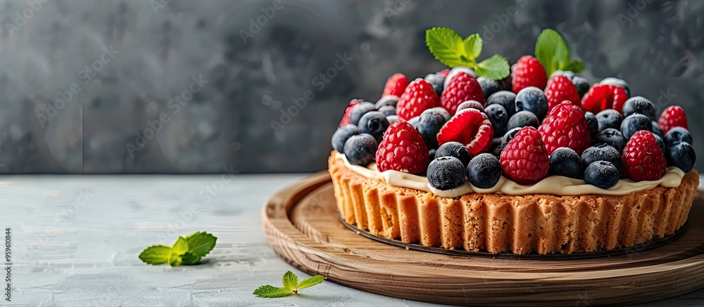 Aufkleber dietary cake with berries presented on a wooden tray tasty and nutritious low in calories. copy spac