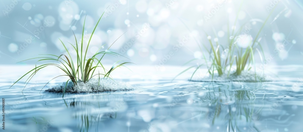 Poster grass in the ice on the lake. copy space image. place for adding text and design