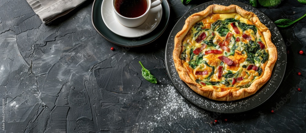 Poster french cuisine regional dishes spinach and bacon quiche with cafe latte. copy space image. place for