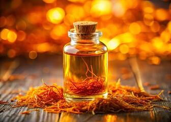 A photo image of a small glass bottle filled with a vibrant orange-yellow liquid, surrounded by saffron threads and a faint golden glow.