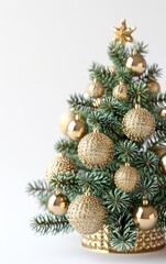 Elegant Christmas tree adorned with golden ornaments, perfect for festive decorations and holiday celebrations.