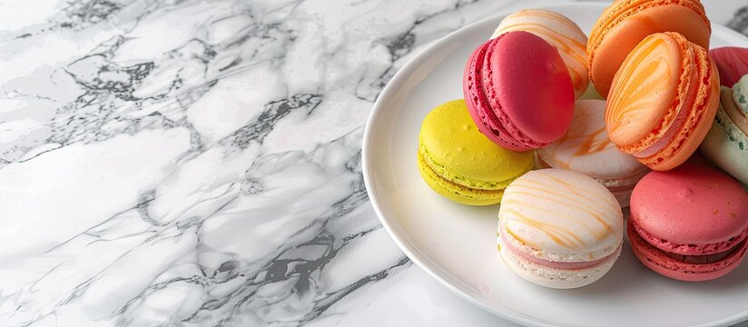 Choux cream chu cream and colorful macarons on a white plate set against a marble table background with copyspace