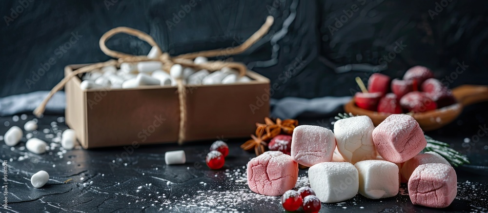 Poster delicate berry marshmallows zephyr placed in front of a box of treats on a dark table. copy space im