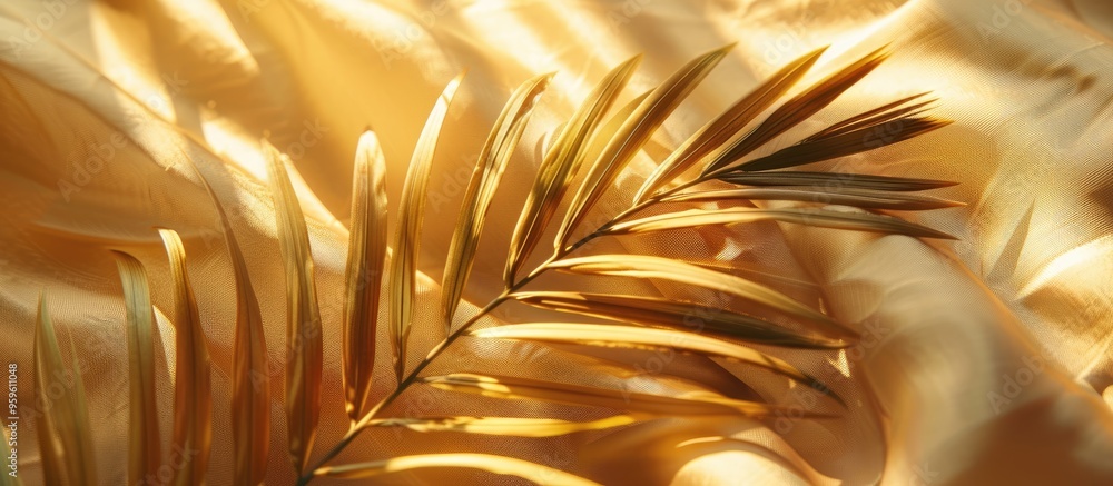 Poster dry tropical palm leaf on soft fabric with prominent folds illuminated by sunlight. copy space image