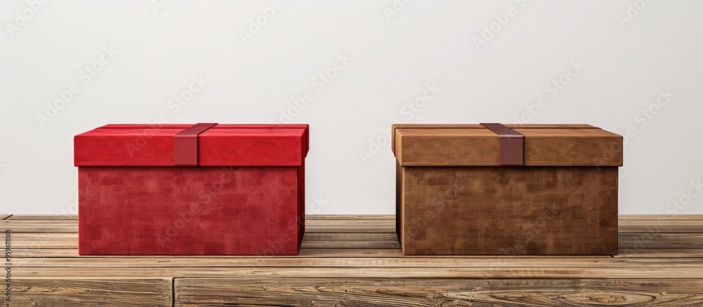 Poster images of red and brown gift boxes are placed on a wooden surface brown and red gift boxes are set a