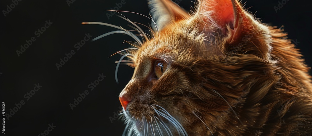 Poster portrait of a red haired cat focusing on the head details. copy space image. place for adding text a