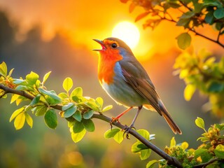 A radiant bird sits serenely on a gnarled branch, trilling a melodic song as the morning sun casts a warm glow.