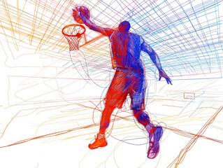 Obraz premium Playing basketball on basketball court line drawing illustration