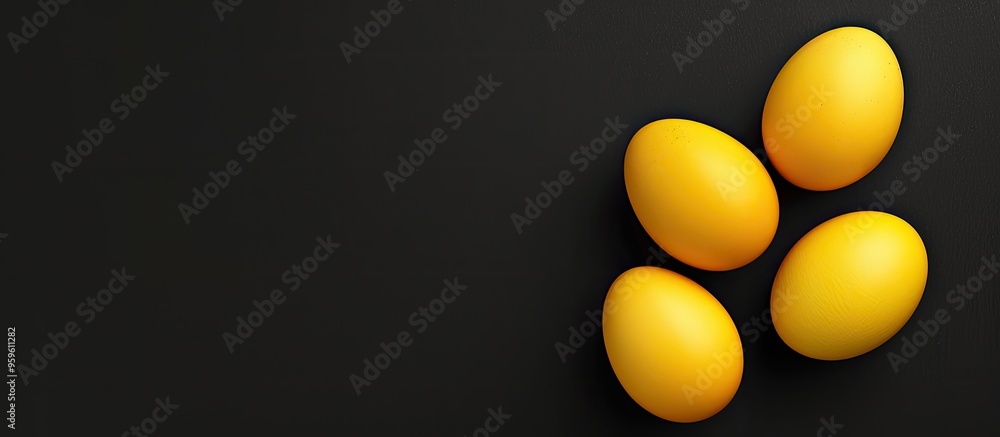 Poster yellow easter eggs on a black background celebrating the easter theme festive backdrop top view. cop