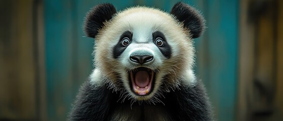 Obraz premium Wideeyed panda with an open mouth, surprised expression, light blue background, centered focus