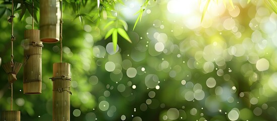 Bamboo wind chimes creating wind music with a blurred backdrop. Copy space image. Place for adding text and design