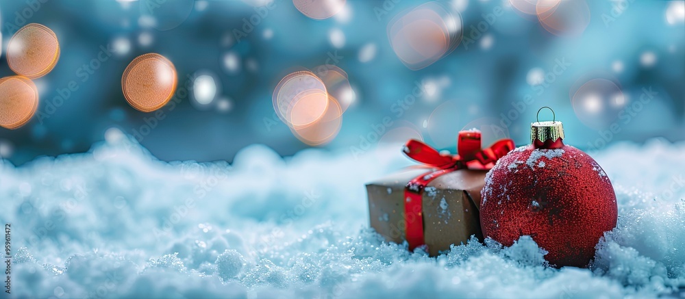 Poster christmas decorations featuring an ornament and a gift box on snow against a blue bokeh backdrop. co