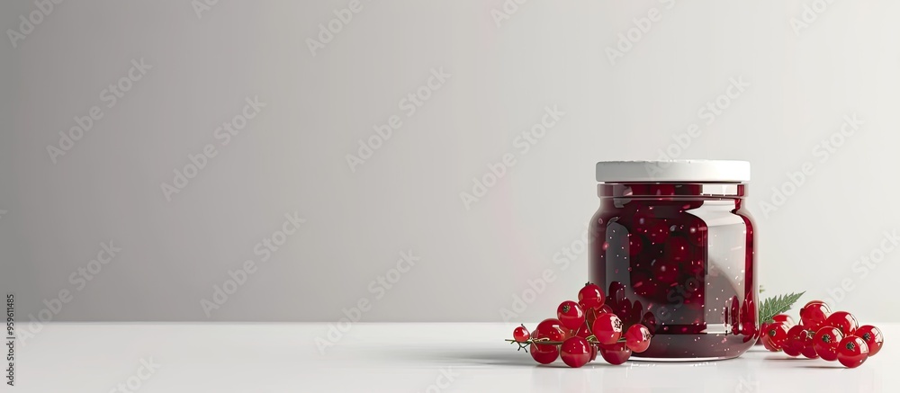 Poster homemade jam in a glass jar featuring red currant on a white background preserved fruit. copy space 