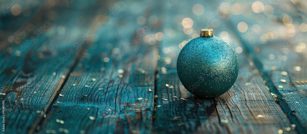 Poster christmas bauble on a vibrant wooden surface close up. copy space image. place for adding text and d