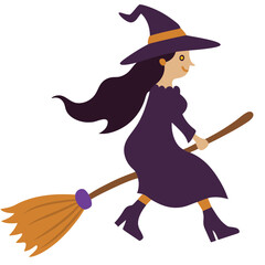  a cartoon illustration of a witch flying on a broomstick. The witch is wearing a purple dress, a matching pointed hat with an orange band, and purple boots
