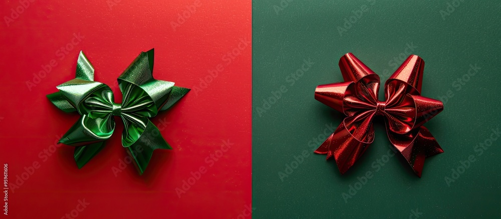 Poster two christmas bows one green and one red positioned on a red and green paper background in a flat la
