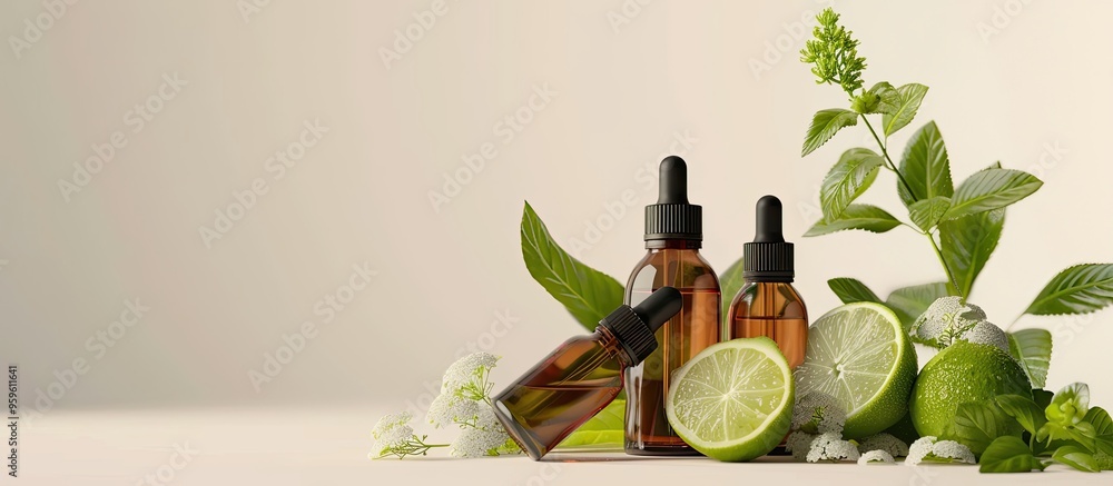 Poster bottles containing herbs and lime essential oil on a light background. copy space image. place for a