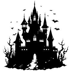 Obraz premium a black silhouette of a spooky castle with multiple towers and pointed roofs. The castle is surrounded by barren, twisted trees, adding to the eerie atmosphere