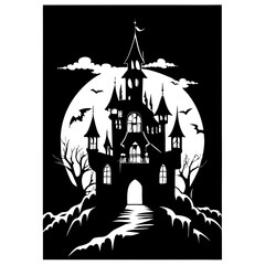 a silhouette of a spooky castle set against a large, full moon. The castle has multiple towers with pointed roofs and is situated on a hill with a winding path leading up to it