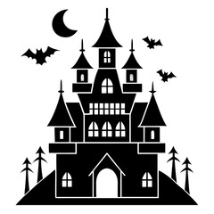 a black and white silhouette of a spooky castle. The castle has multiple pointed towers and arched windows, giving it a haunted appearance