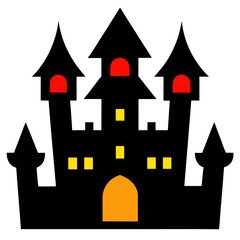 Fototapeta premium a stylized silhouette of a castle with five pointed towers. The castle is primarily black, with three of the towers having red tops, resembling roofs