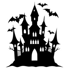 a black silhouette of a spooky, gothic-style castle with multiple pointed towers and turrets. Surrounding the castle are several bats flying in different directions, adding to the eerie atmosphere