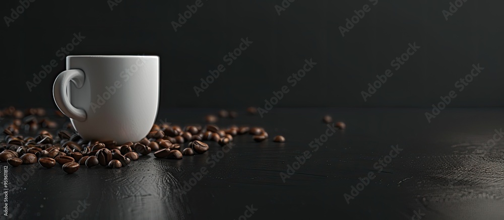 Poster coffee cup and coffee beans on a dark table. copy space image. place for adding text and design
