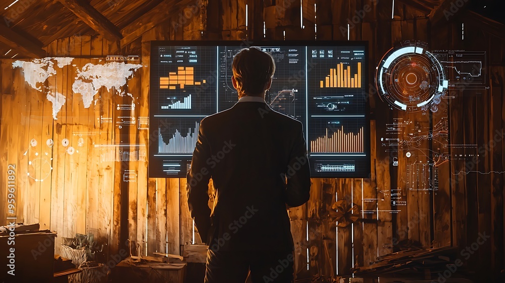 Poster a businessman analyzing data on a large screen in a rustic setting, merging tradition with modernity