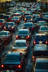 Evening traffic congestion in a parking lot with cars packed tightly