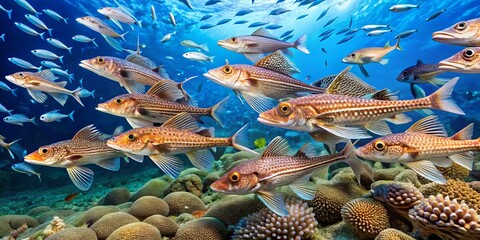 a photo image of a group of sea robins swimming together near a coral reef surrounded by schools of small fish