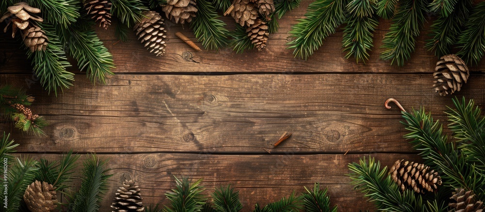 Poster vintage frame made from a branch of a christmas tree on aged wood. copy space image. place for addin