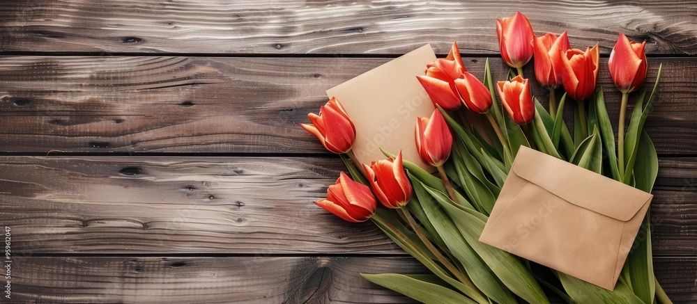 Poster bouquet of tulips and a greeting card on a wooden surface. copy space image. place for adding text a