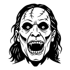 a black and white illustration of a frightening, zombie-like face. The face has long, messy hair and a wide-open mouth with sharp, pointed teeth. The eyes are wide and hollow-looking