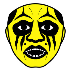 a stylized illustration of a face with a yellow background. The face has exaggerated features and is designed to look dramatic or theatrical