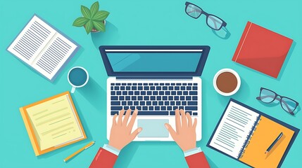 A top view of a workspace with a laptop, books, and coffee, capturing a moment of productivity.