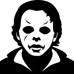 a black and white illustration of a face that resembles a mask. The face has hollow, dark eye sockets and a blank expression, with subtle lines suggesting a nose and mouth