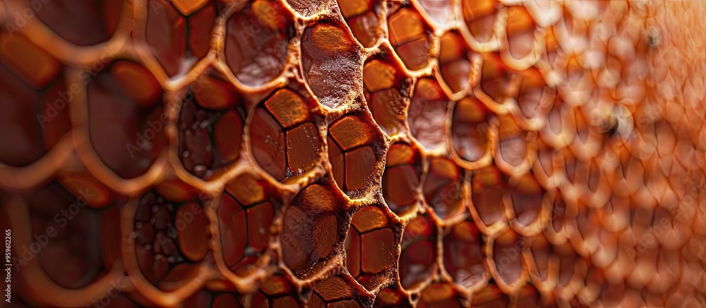 Poster closeup of beautiful bees on a honeycomb tamed insects. copy space image. place for adding text and 