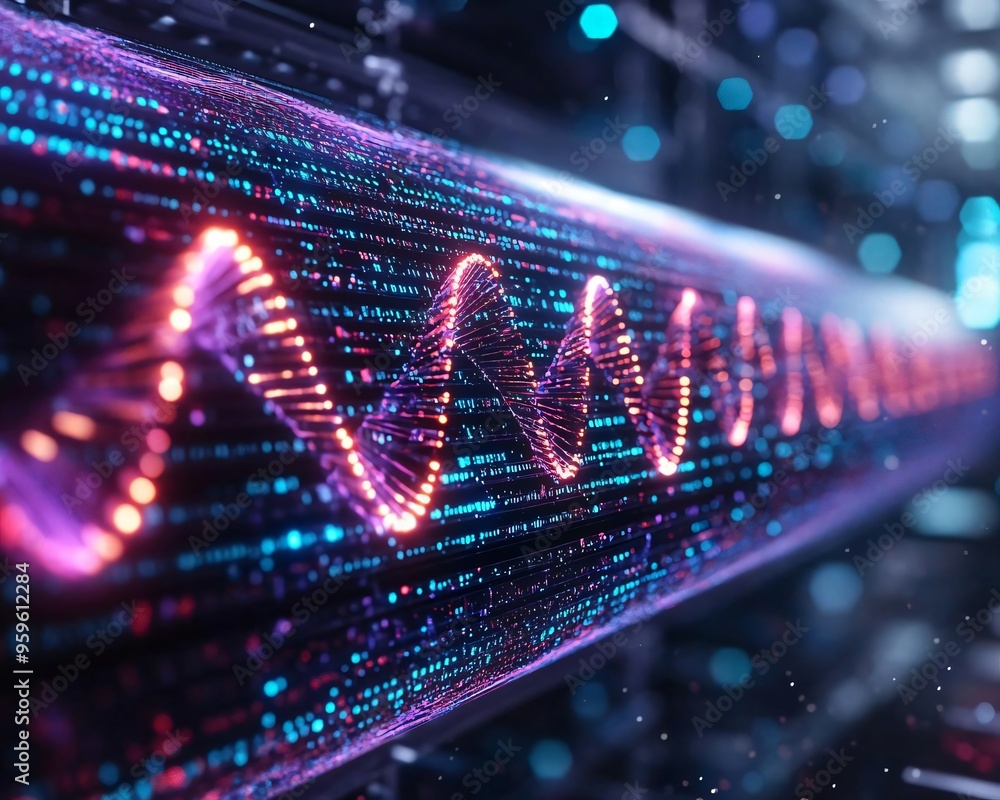 Poster abstract visualization of sound waves in vibrant colors, representing data flow and digital innovati